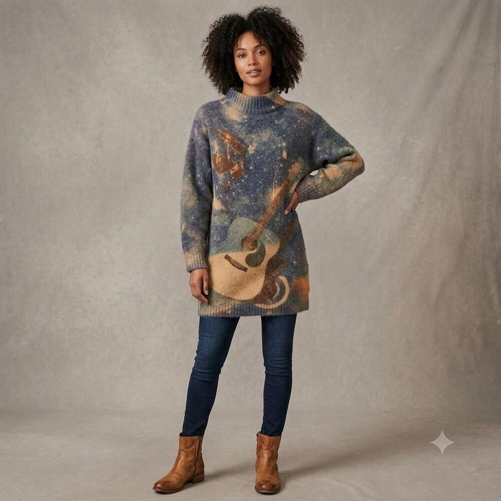 Fuzzy Oversized Galaxy Guitar Knit Sweater Fits M/L unique grunge streetwear